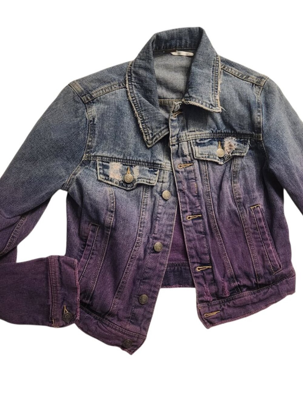 Free People Tye Dye Distressed Denim Jacket Size 4 Purple Blue Casual Fashion